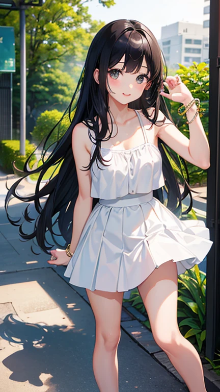 Super exquisite black-haired cute girl、A junior high school student、、8k ultra high definition, Delicate texture, Medium Length Hair、White clothing、A bracelet、Summer Park、daytime、Friendly Smile 、beach