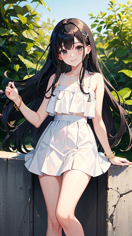Super exquisite black-haired cute girl、A junior high school student、14 years、8k ultra high definition, Delicate texture, Medium Length Hair、White Camisole、White mini skirt、White shorts、A bracelet、Summer Park、daytime、Friendly Smile