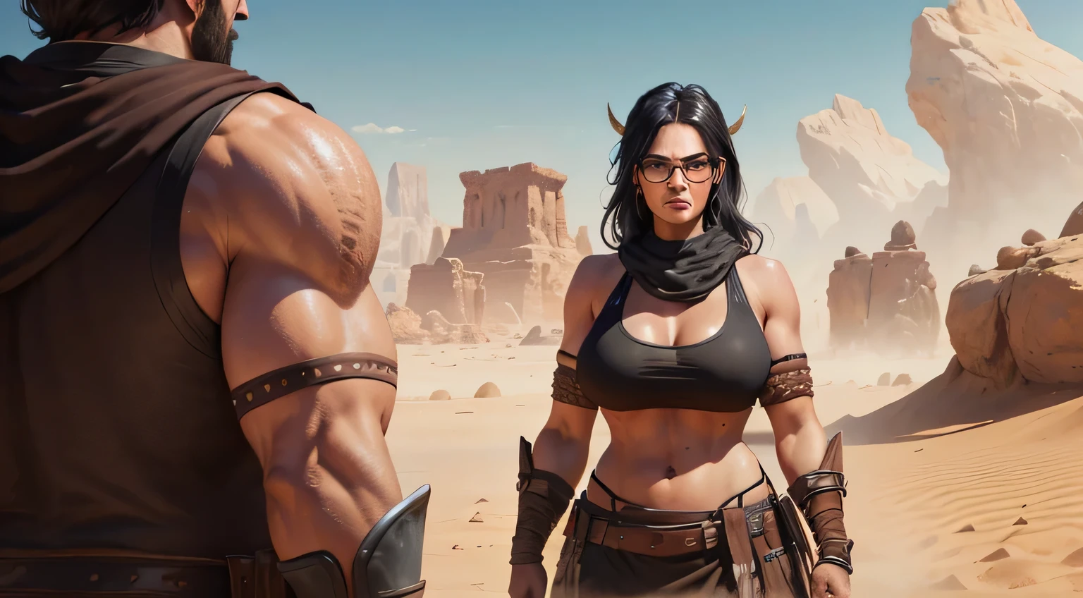 In a desert with a sandstorm, a curvy sexy sweaty woman with a man black hair and glasses, conan exiles, survival clothing, In the background a strong man in desert clothing can be seen,