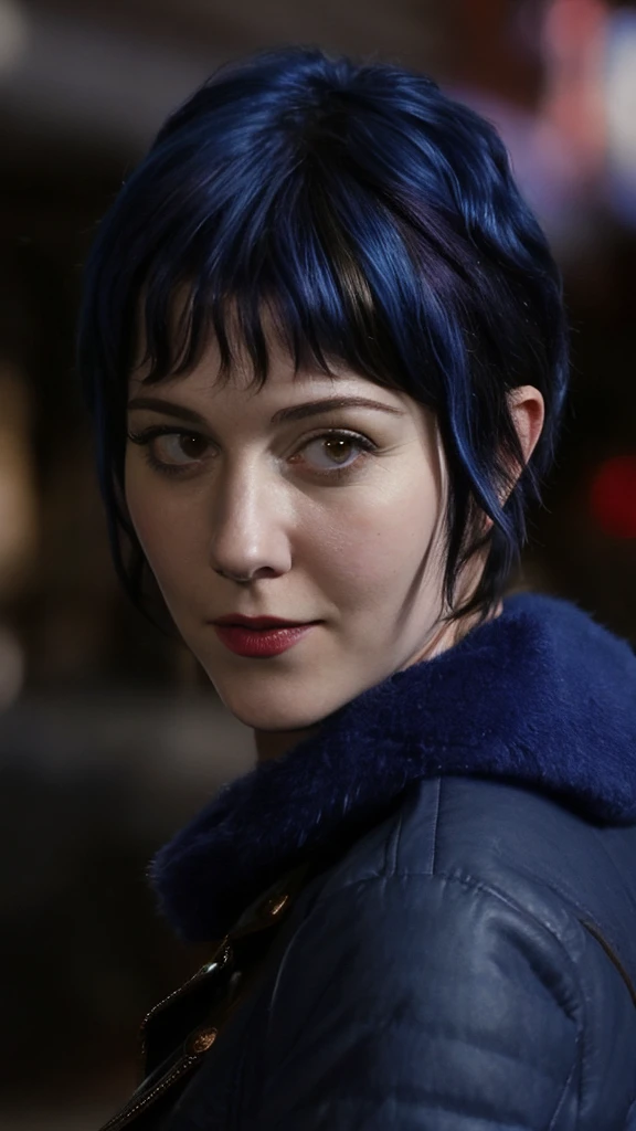 a picture of (ohwx woman:1.1), blue short bob hair,realistic, photorealistic, detailed skin, surface scattering, bokeh, skin pores,  city streets,wearing a jacket,outdoors, looking at viewer,detailed face,subtle smile, Ramona flowers 