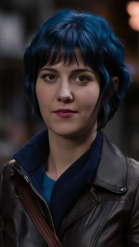 a picture of (ohwx woman:1.1), blue short bob hair,realistic, photorealistic, detailed skin, surface scattering, bokeh, skin pores,  city streets,wearing a jacket,outdoors, looking at viewer,detailed face,subtle smile, Ramona flowers 