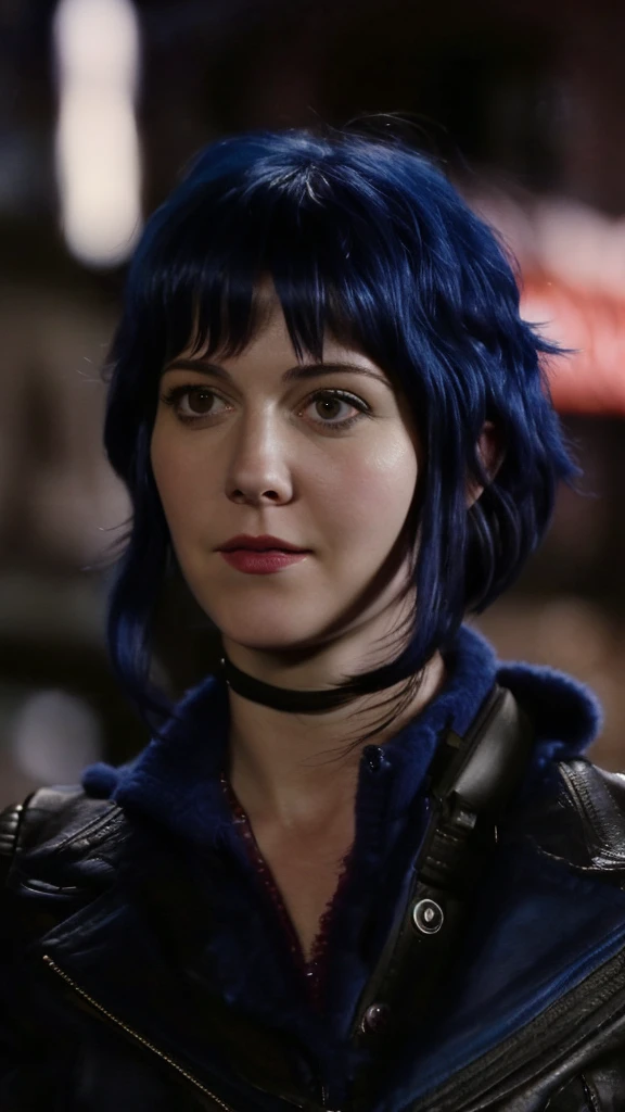 a picture of (ohwx woman:1.1), blue short bob hair,realistic, photorealistic, detailed skin, surface scattering, bokeh, skin pores,  city streets,wearing a jacket,outdoors, looking at viewer,detailed face,subtle smile, Ramona flowers 