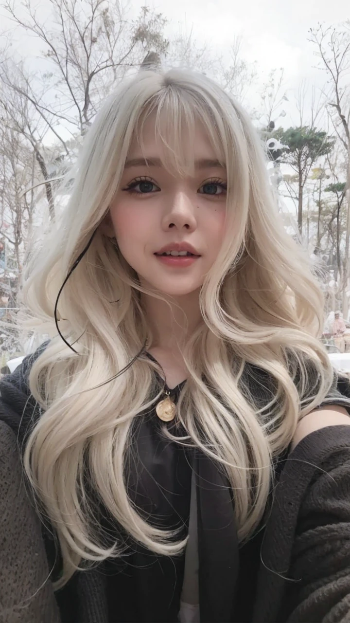 Alone pale blonde girl with bangs with eyeliner and blush silky soft hair all over (white shirt) at beach (shorts verde) crowd smiling