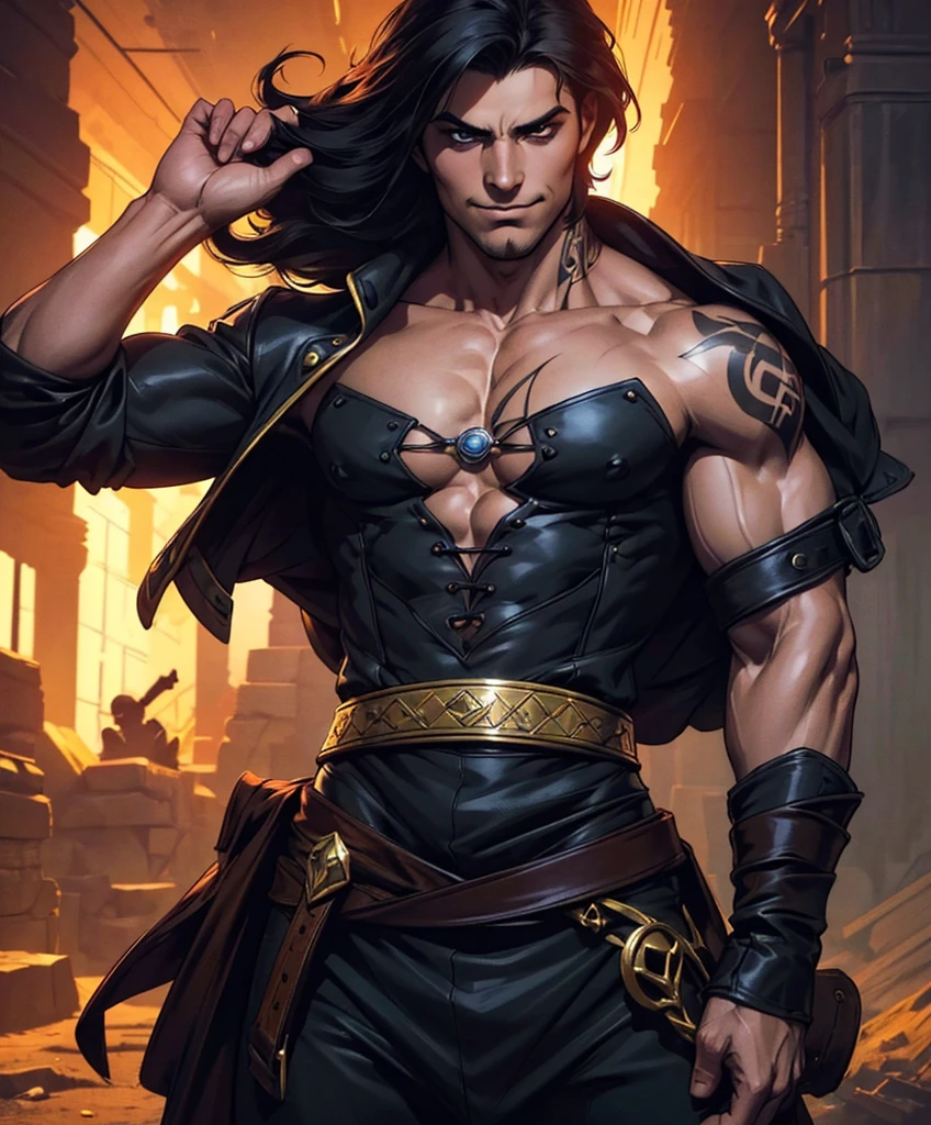 (((Luxurious shoulder length black hair and sexy smirk.))) (((18 years old.))) (((18yo.))) (((Cute smirk.))) (((Single character image.))) (((1boy))) (((Looks like a sexy male swashbuckler for a fantasy setting.))) He has strong Italian features. Create an enchanting AI-generated image of a charismatic and irresistibly attractive man in a high fantasy realm. He should exude rugged, dashing charm that captures the attention of every onlooker, particularly the adoring gazes of countless women. This character must embody thrilling and exciting qualities, but his arrogance should be evident in his posture and expression. Fantasy art. Fantasy character. He is expressive and has a lot of personality. Has the body of a male model and a perfect male physique. (((He seems flirty, sexy and rough.)))(((Seductive like a sexy villain.))) (((Very sexy abs.)))(((Sexy tattoos.))) (((He looks like a sexy male sorcerer who practices the dark arts.))) (((Dark and eerie background.))) 18 years old Hunk , looking at viewer, photorealistic, perfect face, perfect face, beautiful big gym built, , open shirt, black pants, straight,
dungeons & dragons, fantasy adventurer, fantasy NPC, attractive male in his mid 20's, ultra detailed, epic masterpiece, ultra detailed, intricate details, digital art, unreal engine, 8k, ultra HD, centered image award winning, fantasy art concept, digital art, centered image, flirting with viewer, best quality:1.0,hyperealistic:1.0,photorealistic:1.0,madly detailed CG unity 8k wallpaper:1.0,masterpiece:1.3,madly detailed photo:1.2, hyper-realistic lifelike texture:1.4, picture-perfect:1.0,8k, HQ,best quality:1.0,
best quality:1.0,hyperealistic:1.0,photorealistic:1.0,madly detailed CG unity 8k wallpaper:1.0,masterpiece:1.3,madly detailed photo:1.2, hyper-realistic lifelike texture:1.4, picture-perfect:1.0,8k, HQ,best quality:1.0,