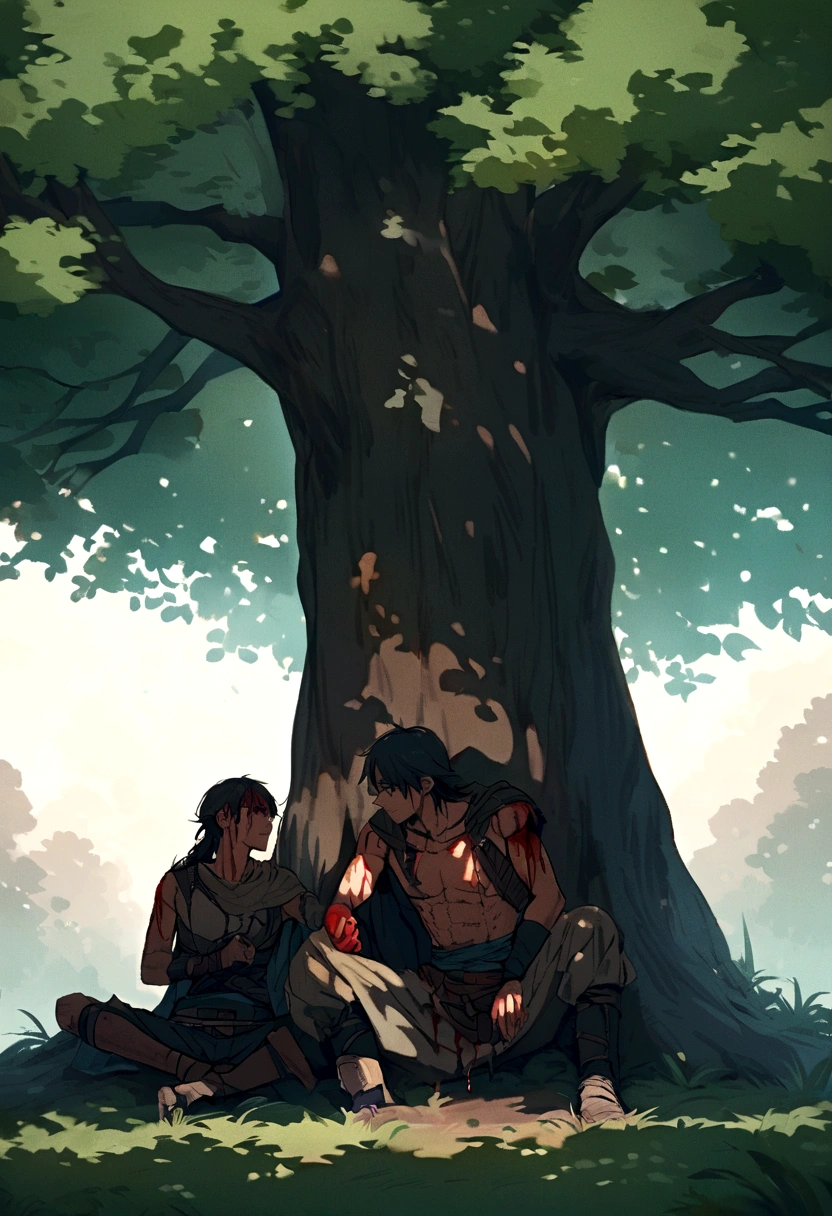 Two warriors talking in the shade of a tree on a cloudy day, one of them is bleeding injured