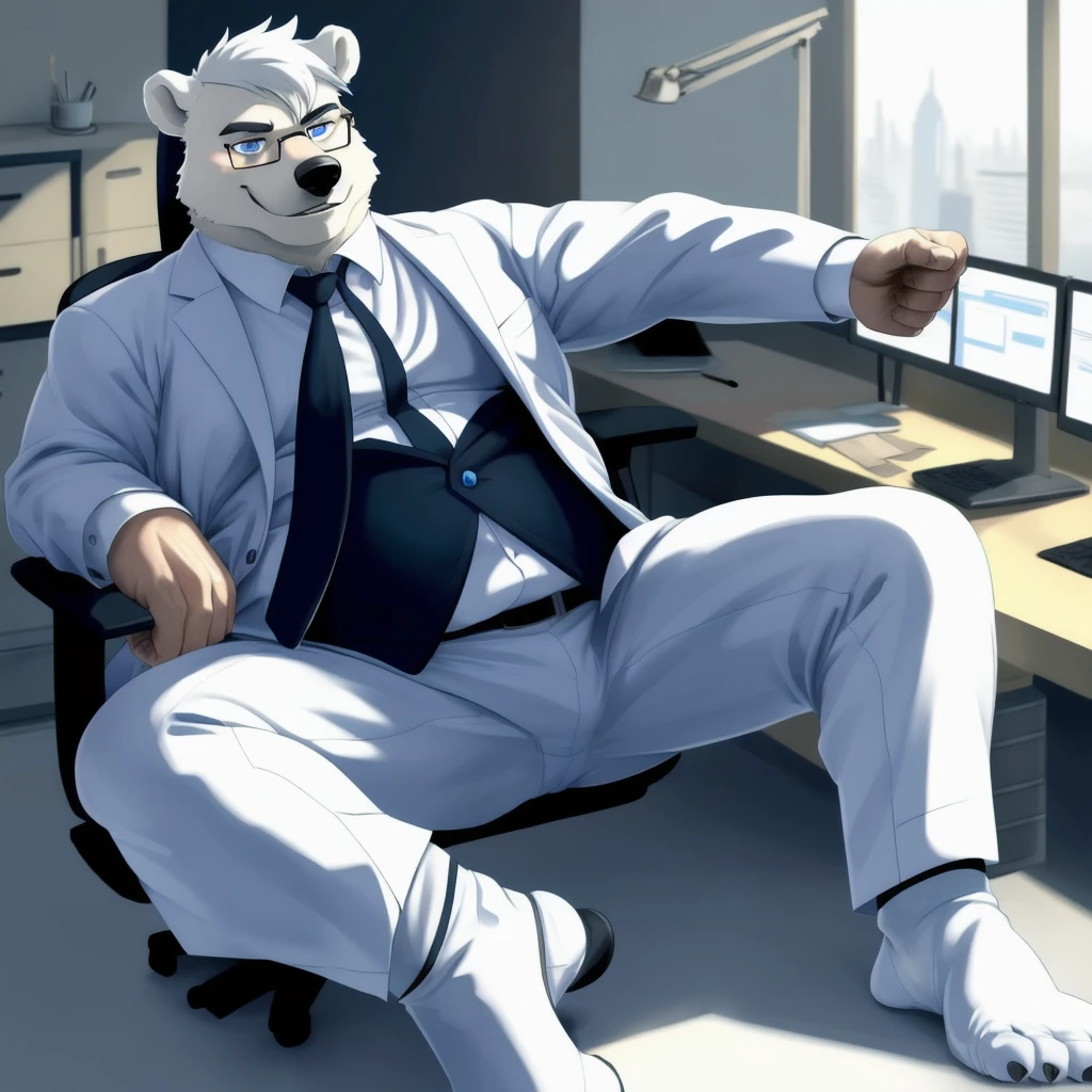 chubby polar bear dad male office suit white shirt slighly well built , blue eyes glasses, head crest white hair, levitating relaxing spread legs, feet with white ankle sock, disney profile, full body shading evil smug , kemono , detailed eyes , high quality ,