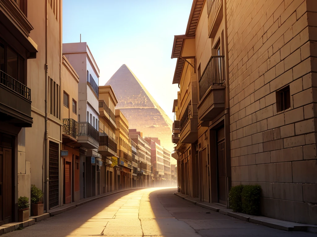 inside of a egypt city street, pyramid in the distance, day,
