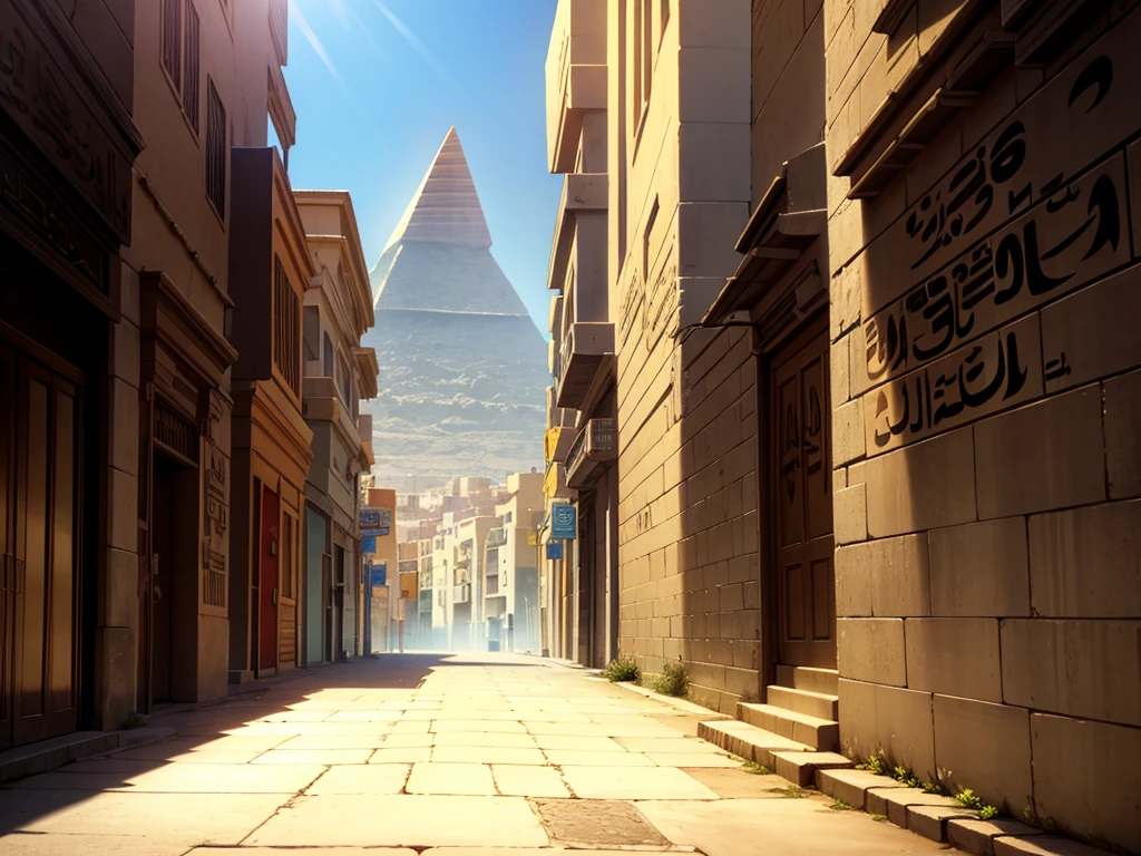 inside of a egypt city street, pyramid in the distance, day,