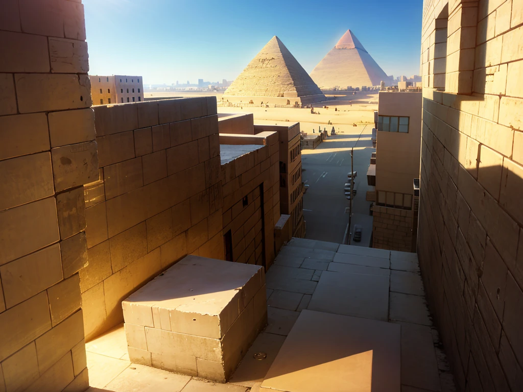 inside of a egypt city street, pyramid in the distance, day,