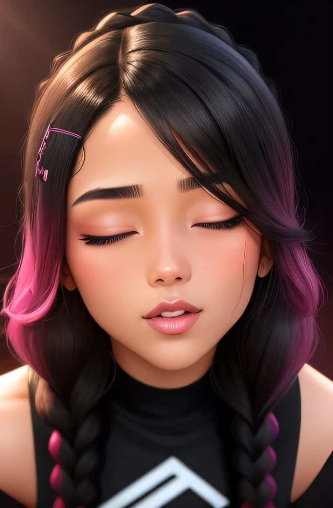 sexy woman, black braided hair, black t-shirt, close-up on face, glossy wet pink lips parted, flawless glowing skin, long beautiful neck