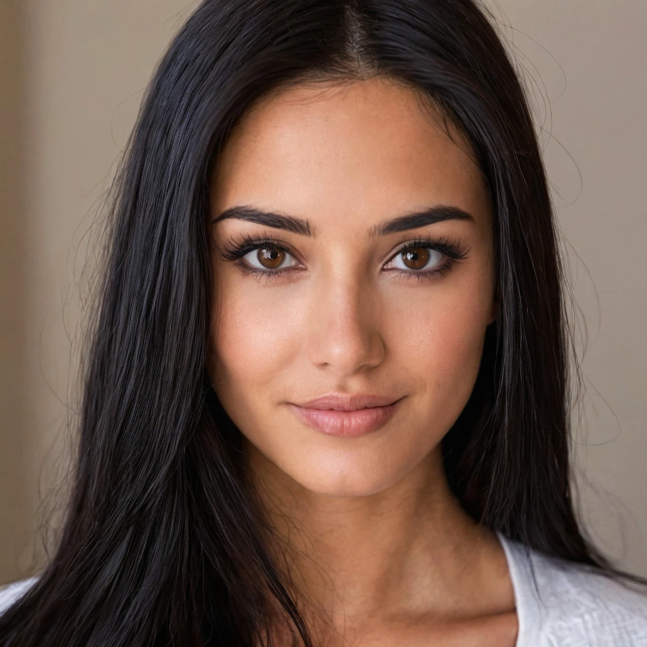 (Jewellry), very warm colors, tan skin, beautiful brunette, (high detailed face), (high detailed skin texture), (high detailed hair), (high detailed eyes), brown eyes, (long straigh dark hair), 1 girl, 20 years old, brown skin, face thin nose, photography, ultra-realistic, 8k, ((very sexy outfit)) , perfect teeth, fit girl, bottom-up view, shiny hair, ((perfect hands)), (in room), (sexy red outfit), ((from infront))