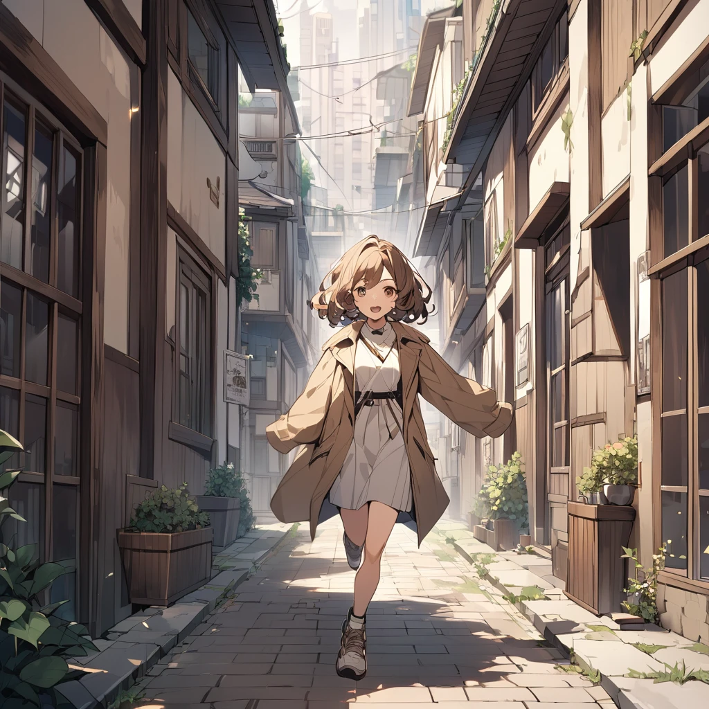 A girl with brown, wavy bob hair wearing a dark beige coat。whole body Start Running In town building