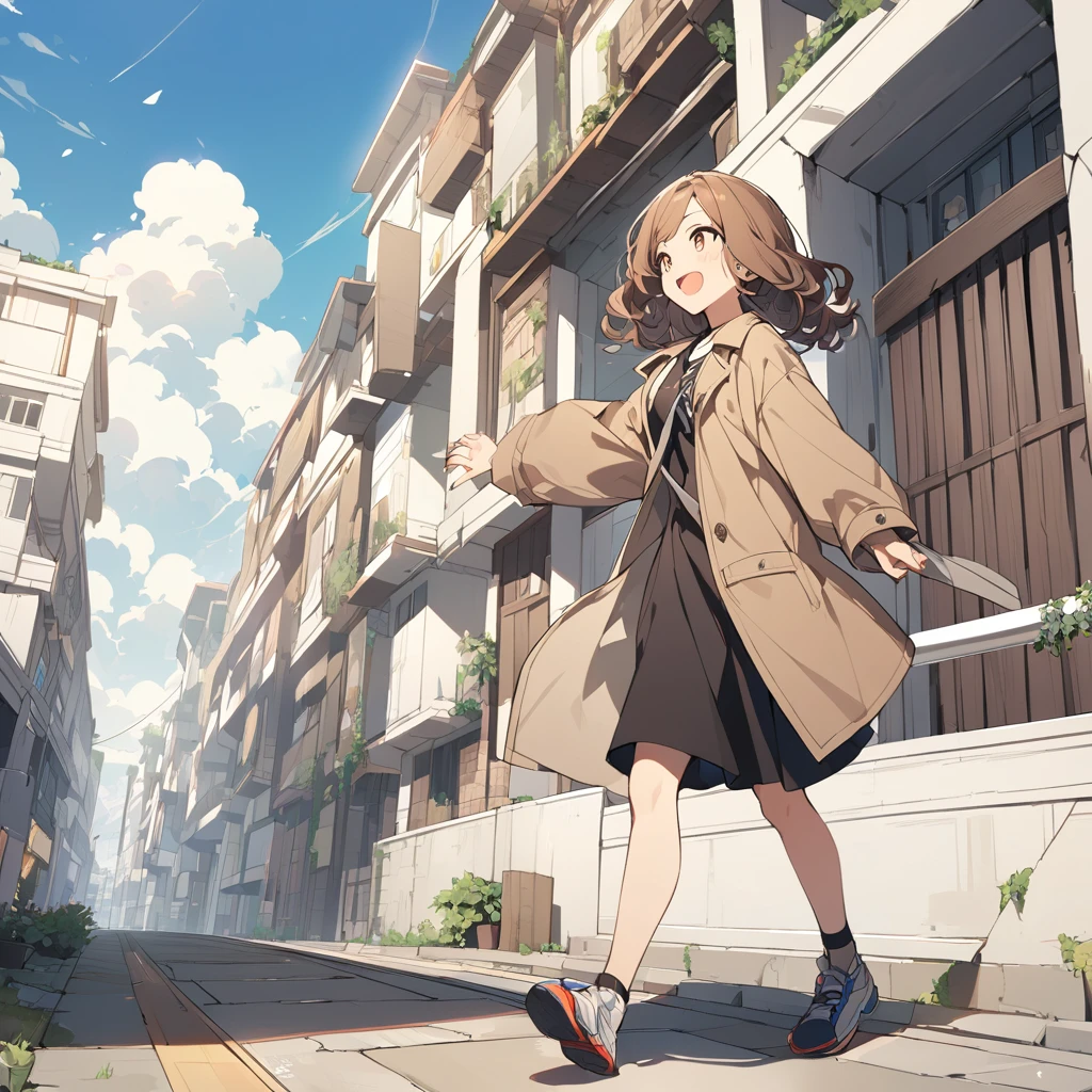 A girl with brown, wavy bob hair wearing a dark beige coat。whole body　Start Running　In town　building　