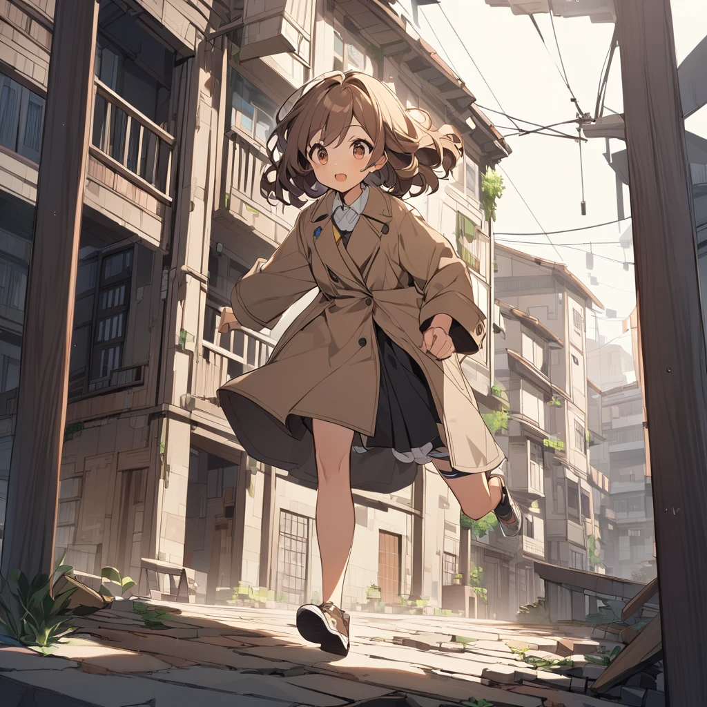 A girl with brown, wavy bob hair wearing a dark beige coat。whole body Start Running In town building