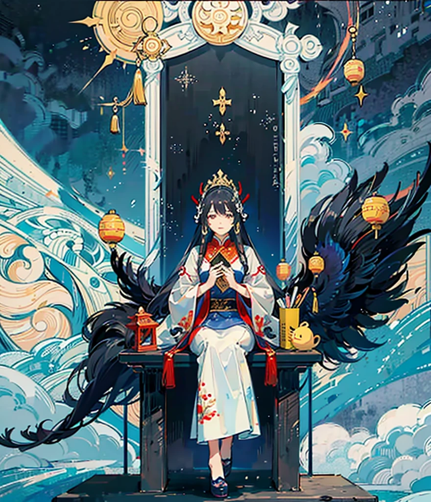Please help me generate an illustration about the traditional Chinese myth of Hou Yi shooting the sun，It reflects the helpless yet powerful feeling of human beings facing ten suns.。Full of divinity，Majesty and dignity。The character is facing away from the screen。