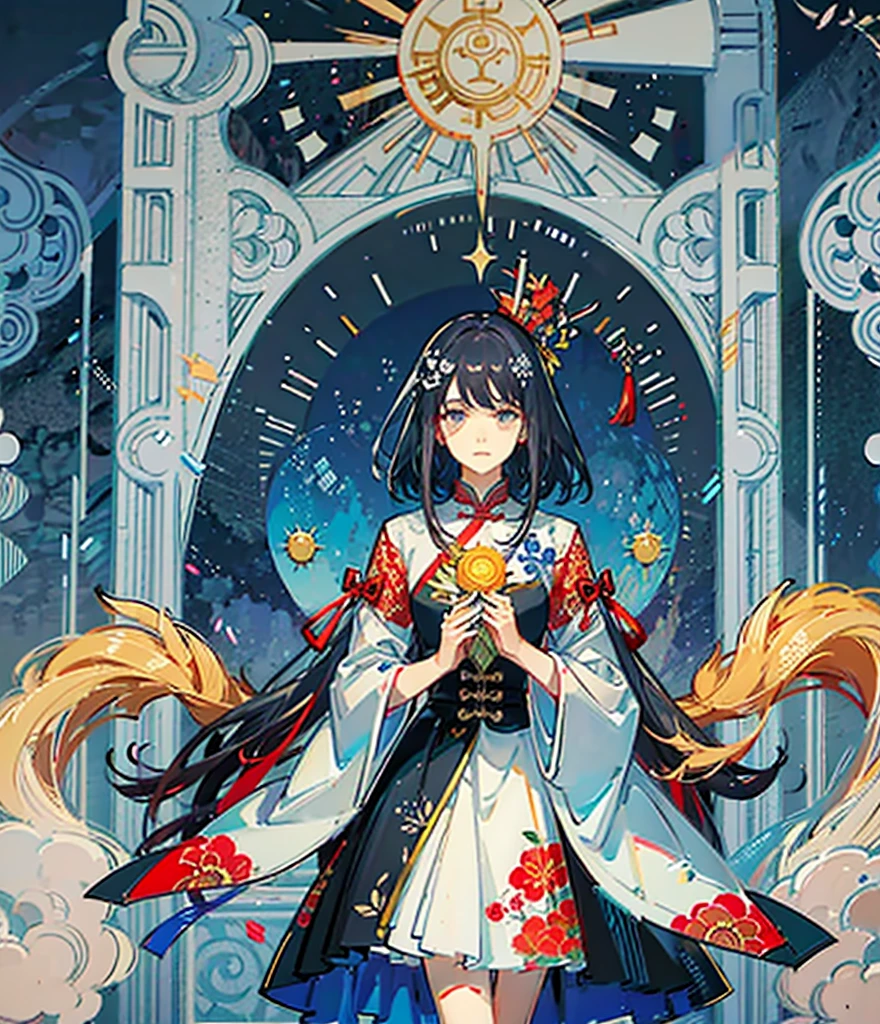 Please help me generate an illustration about the traditional Chinese myth of Hou Yi shooting the sun,It reflects the helpless yet powerful feeling of human beings facing ten suns.。Full of divinity,Majesty and dignity。The character is facing away from the screen。