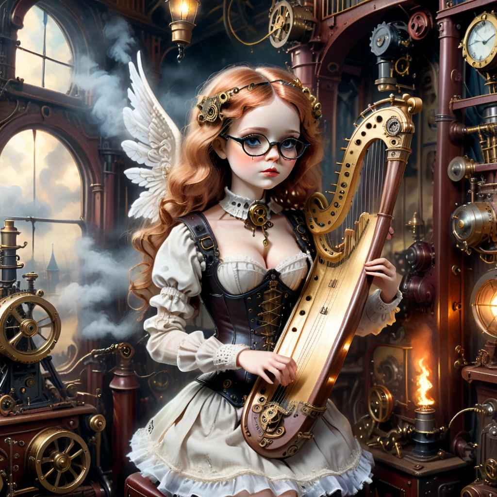 (angel doll playing knitted harp:1.2), (Voodoo Steampunk:1.3), (badass clothing: leather corset, aviator glasses, Gears and mechanical parts:1.0), (in the background steam engines, airships and Victorian buildings:1.2), best qualityer, work of art, detailed soft oil painting, detailed back ground, dramatic cinematic lighting, soft edge lighting, proffesional, dramatic lighting, hard edge lighting, ultra quality, 4K, work of art, best qualityer, 8K, ultra high definition, high resolution, extremely detaild, perfect details of the harp.