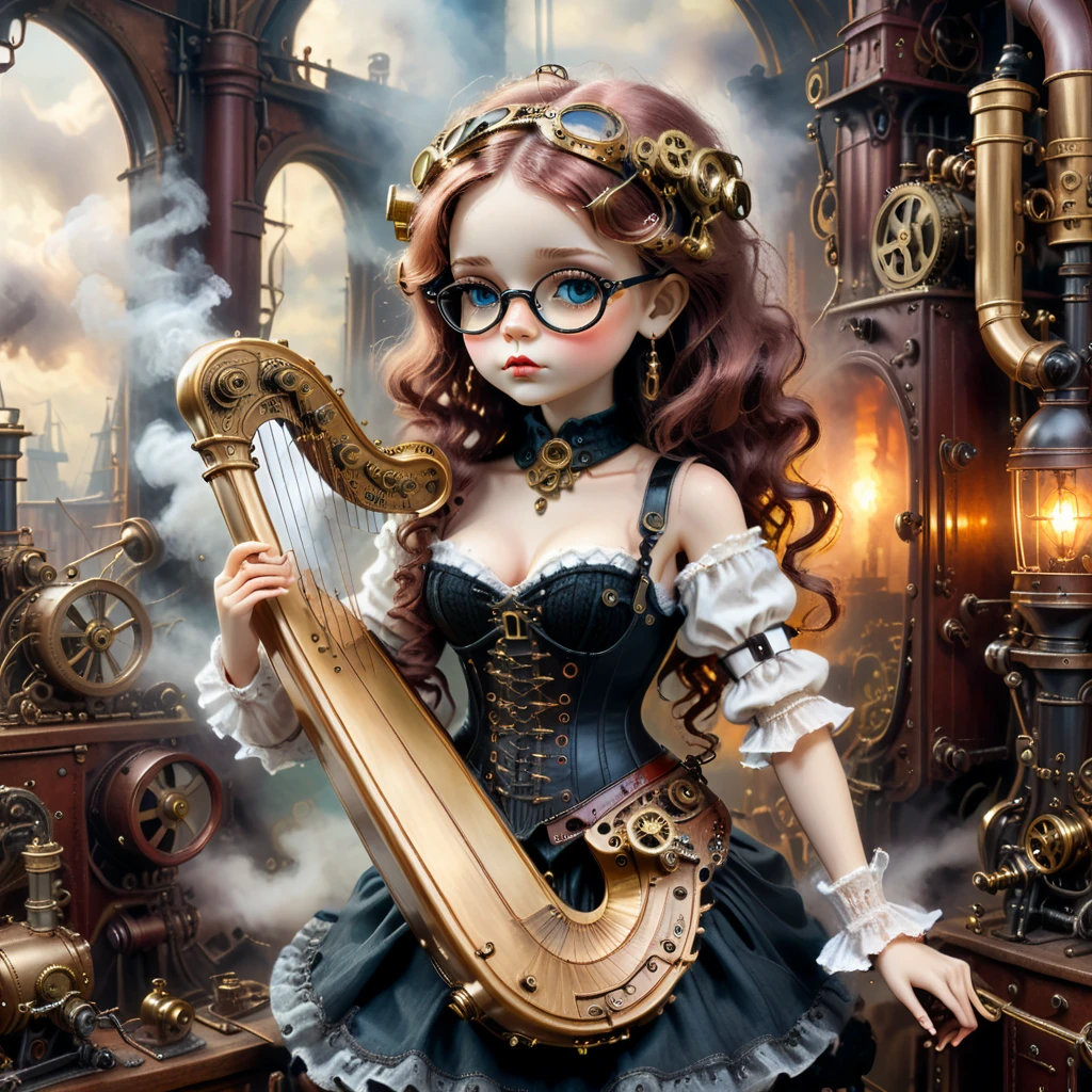 (angel doll playing knitted harp:1.2), (Voodoo Steampunk:1.3), (badass clothing: leather corset, aviator glasses, Gears and mechanical parts:1.0), (in the background steam engines, airships and Victorian buildings:1.2), best qualityer, work of art, detailed soft oil painting, detailed back ground, dramatic cinematic lighting, soft edge lighting, proffesional, dramatic lighting, hard edge lighting, ultra quality, 4K, work of art, best qualityer, 8K, ultra high definition, high resolution, extremely detaild, perfect details of the harp.