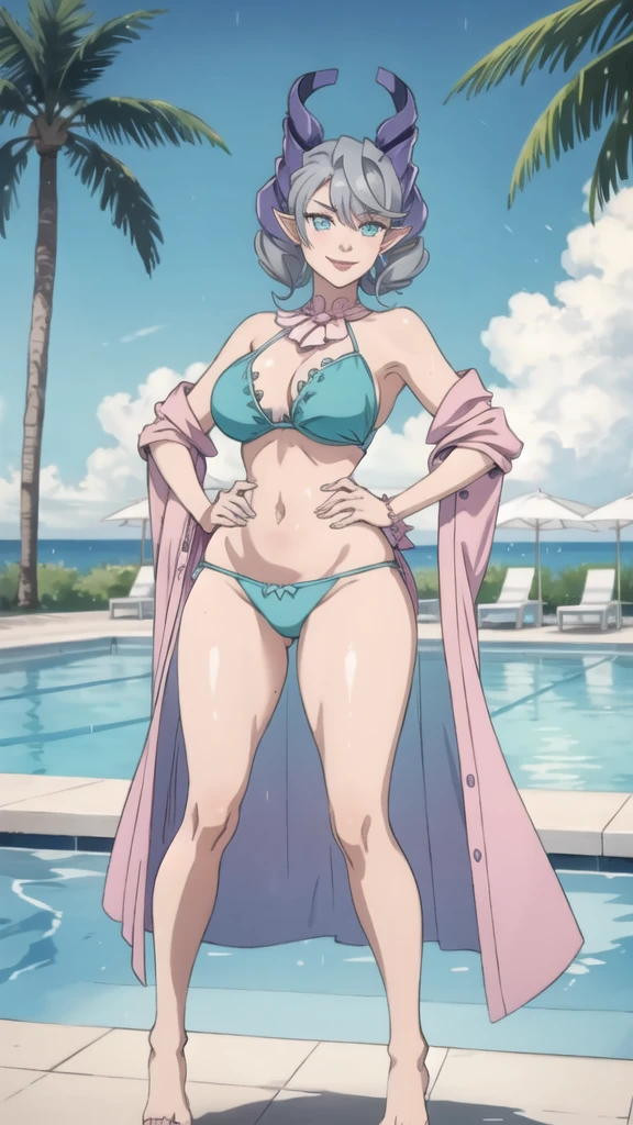Arms over heads and hips High level image quality best image quality 8K adult woman pool party rain palm trees more colors whole body view portrait Turquoise bikini horn ears short hair((shortcut)(gray hair)(perm)(fluffy)) eye color is blue , , attractive evil face , smile , sexy pose , labrynth , barearm , wearing pink robe , standing on ground , by the pool , crossed legs , all wet , view foot arc