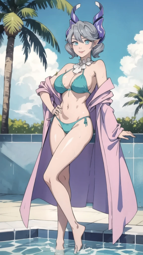 Arms over heads and hips High level image quality best image quality 8K adult woman pool party rain palm trees more colors whole body view portrait Turquoise bikini horn ears short hair((shortcut)(gray hair)(perm)(fluffy)) eye color is blue , , attractive evil face , smile , sexy pose , labrynth , barearm , wearing pink robe , standing on ground , by the pool , crossed legs , all wet , view foot arc