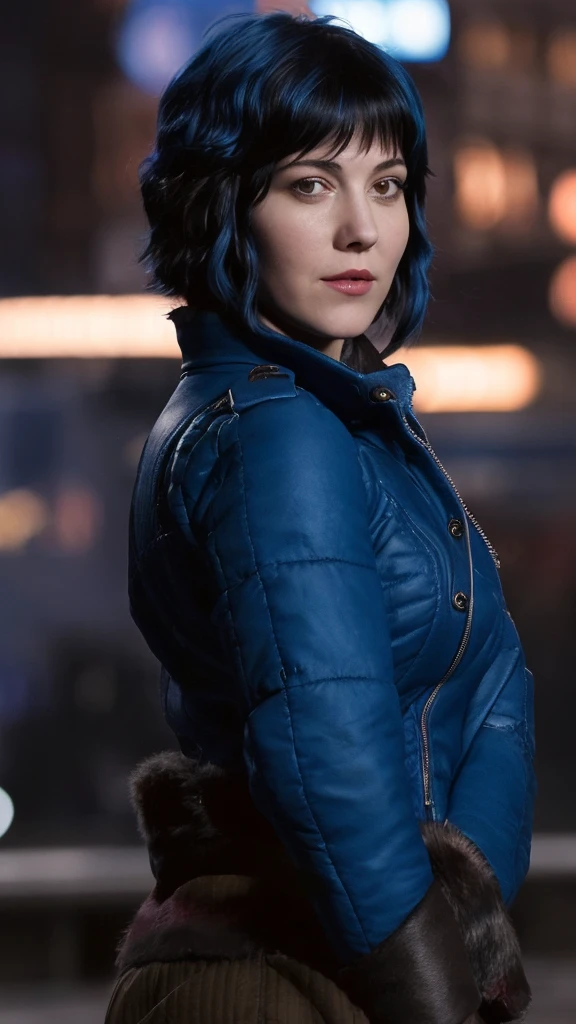 a picture of (ohwx woman:1.1), blue short bob hair,realistic, photorealistic, detailed skin, surface scattering, bokeh, skin pores,  city streets,wearing a jacket,outdoors, looking at viewer,detailed face,subtle smile, Ramona flowers  hair