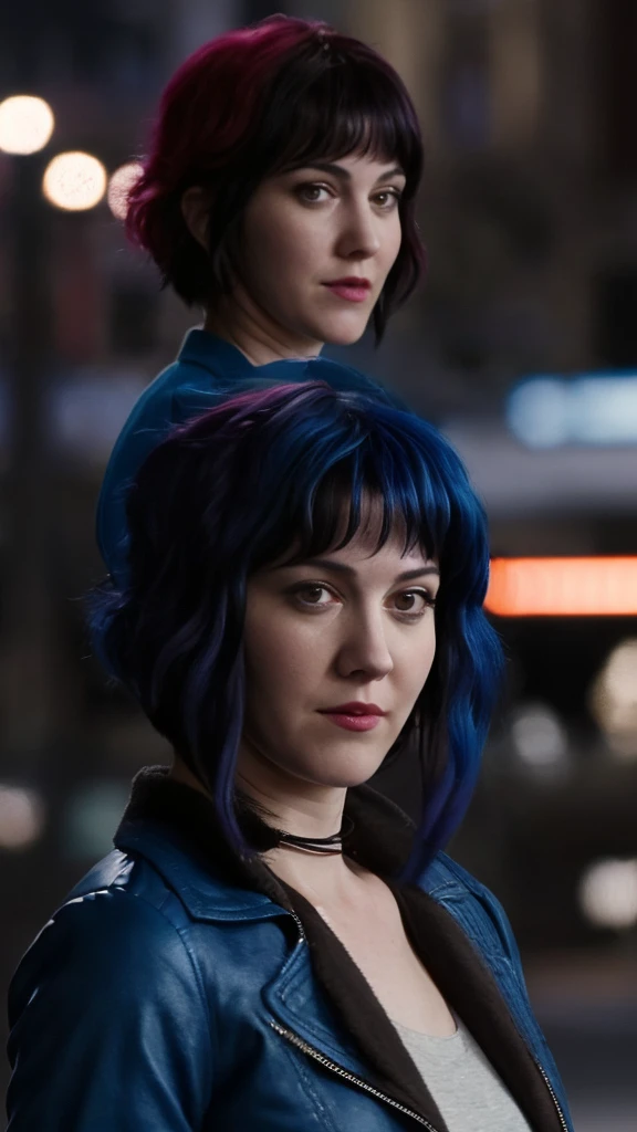 a picture of (ohwx woman:1.1), blue short bob hair,realistic, photorealistic, detailed skin, surface scattering, bokeh, skin pores,  city streets,wearing a jacket,outdoors, looking at viewer,detailed face,subtle smile, Ramona flowers  hair