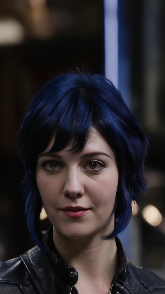 a picture of (ohwx woman:1.1), blue short bob hair,realistic, photorealistic, detailed skin, surface scattering, bokeh, skin pores,  city streets,wearing a jacket,outdoors, looking at viewer,detailed face,subtle smile, Ramona flowers  hair