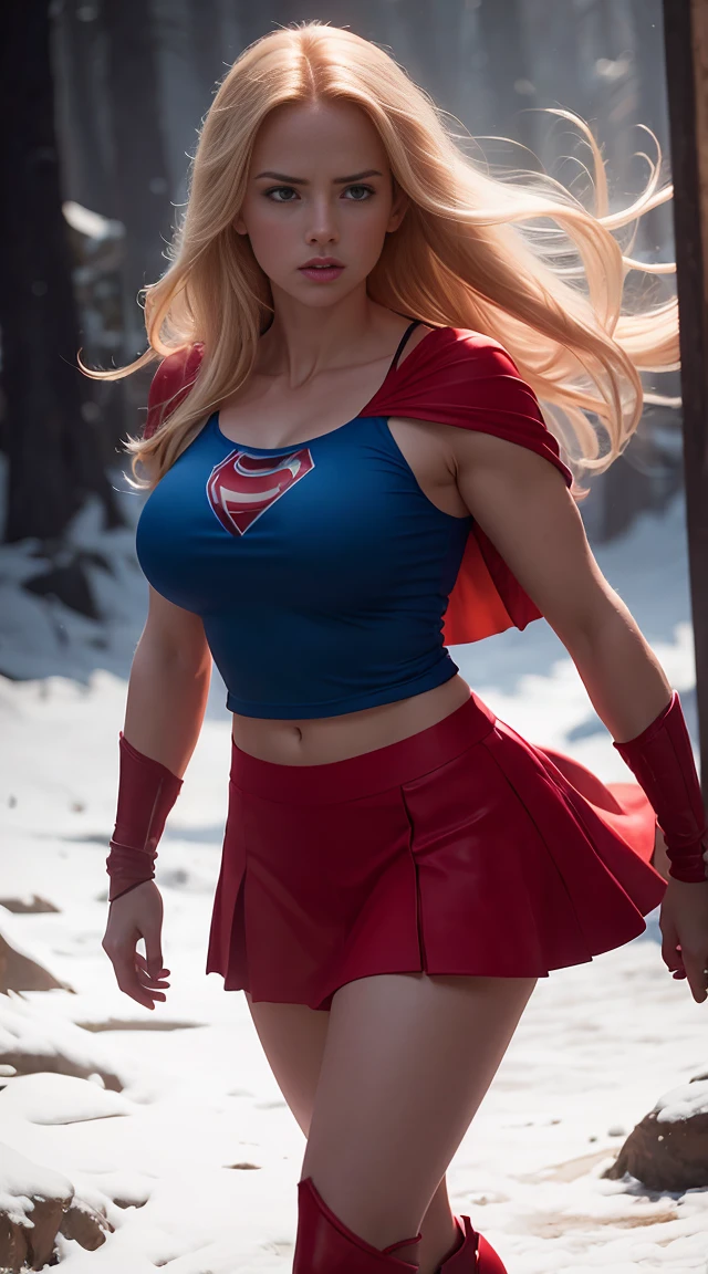 a sexy athletic girl with large breasts,blue top,red skirt,red boots,long blonde hair,red cape,extremely detailed face,hyper realistic,8k,digital art,dramatic lighting,cinematic,vibrant colors,photorealistic,chiaroscuro,fantasy,mystical,dramatic pose