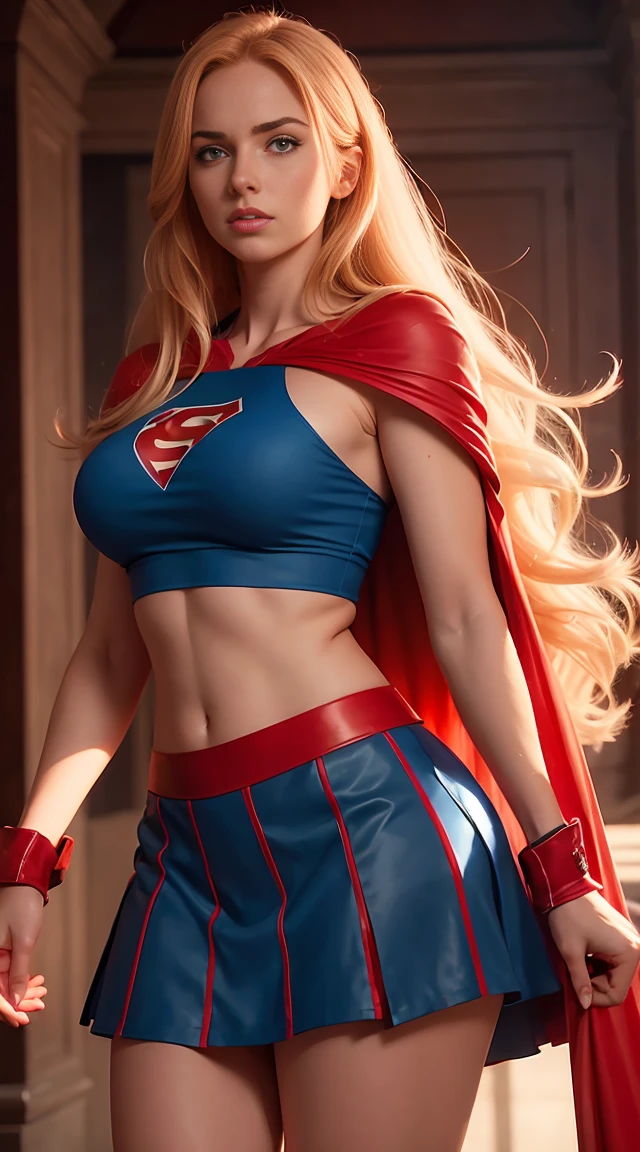 a sexy athletic girl with large breasts,blue top,red skirt,red boots,long blonde hair,red cape,extremely detailed face,hyper realistic,8k,digital art,dramatic lighting,cinematic,vibrant colors,photorealistic,chiaroscuro,fantasy,mystical,dramatic pose