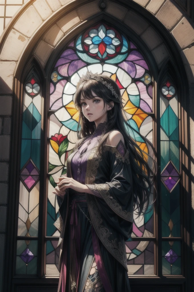 a picture of a stained glass window, intricate art, by Mario Dubsky, stained glass art, amethyst stained glass, detailed art in color, by Robert Richenburg, by Adrienn Henczné Deák
