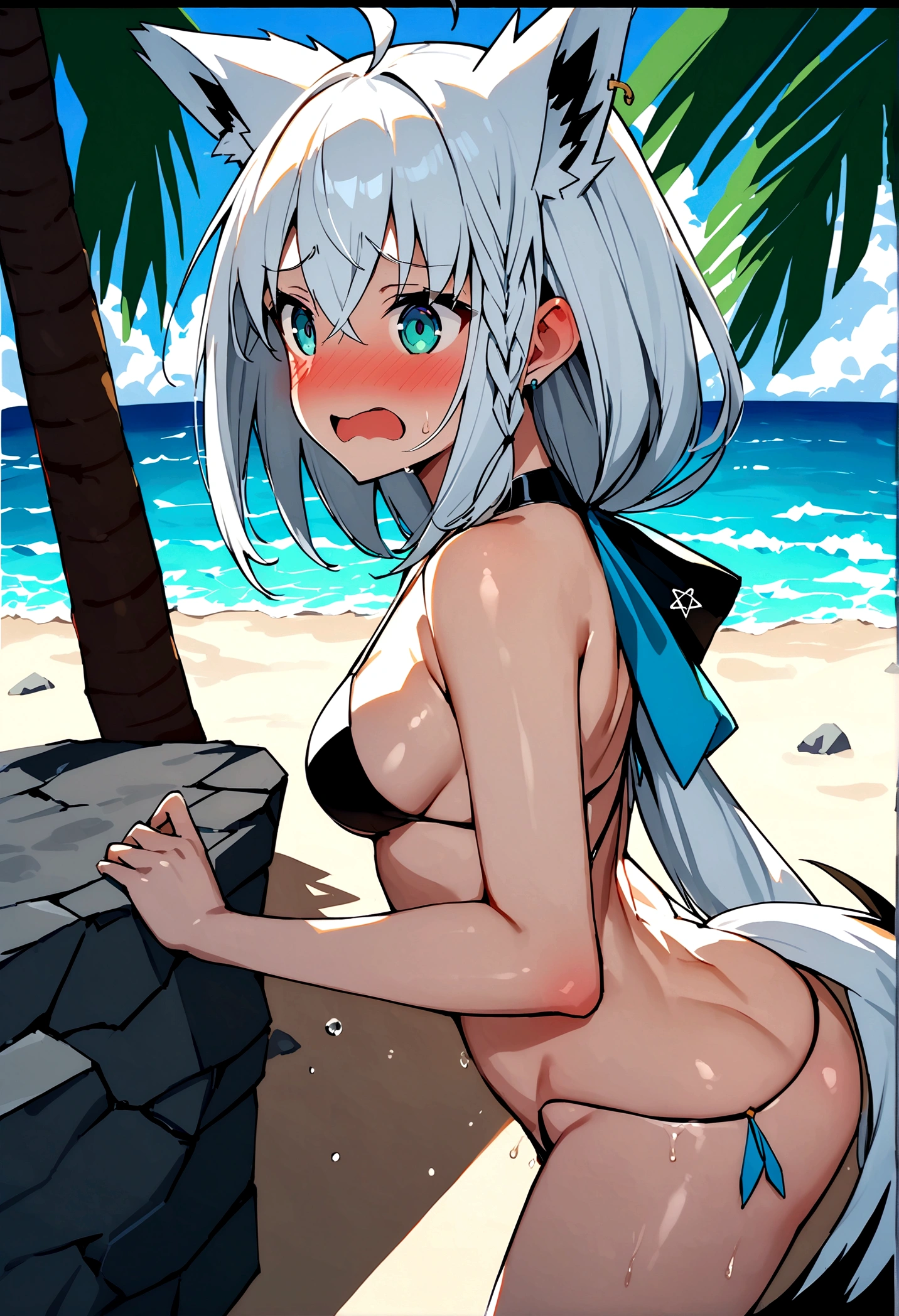 NSFW,masterpiece,Highest quality,High resolution,Super detailed,Shirakami Fubuki\(Hololive\),Snowstorm、Gray Hair、One-sided braid、Ahoge、Earrings、Fox Tail、(High-quality halter cross micro bikini),Embarrassed,Frustrated face,Lust,blush,Expecting face,Seduce,beach,Palm tree,Rock Shade,(To flatter),want,Streaks,(Sex slave),(Flashy guy),Having sex,Insert,Creampie,From the side