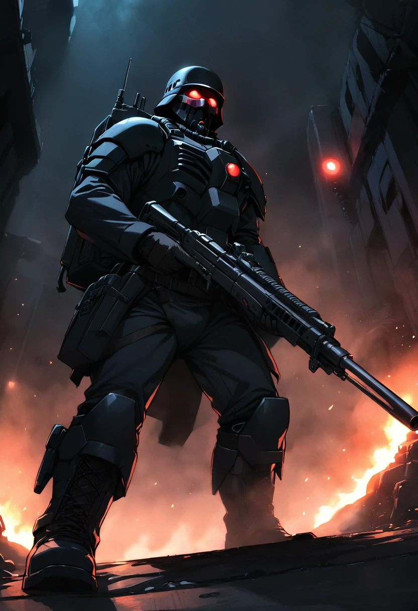 jin-roh!,1 boy,glowing,cowboy shot,strong,round eyes,backpack,no pupils,radio antenna,red eyes,dark,low-key,night,shadow,
sewer,walking,holding gun,heavy machine gun,from below,aiming at viewer,close-up,, cinematic light,masterpiece,best quality,very aesthetic,absurdres,incredibly absurdres,explit,NSFW,