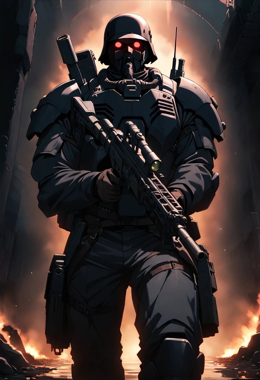 jin-roh!,1 boy,glowing,cowboy shot,strong,round eyes,backpack,no pupils,radio antenna,red eyes,dark,low-key,night,shadow,
sewer,walking,holding gun,heavy machine gun,from below,aiming at viewer,close-up,, cinematic light,masterpiece,best quality,very aesthetic,absurdres,incredibly absurdres,explit,NSFW,