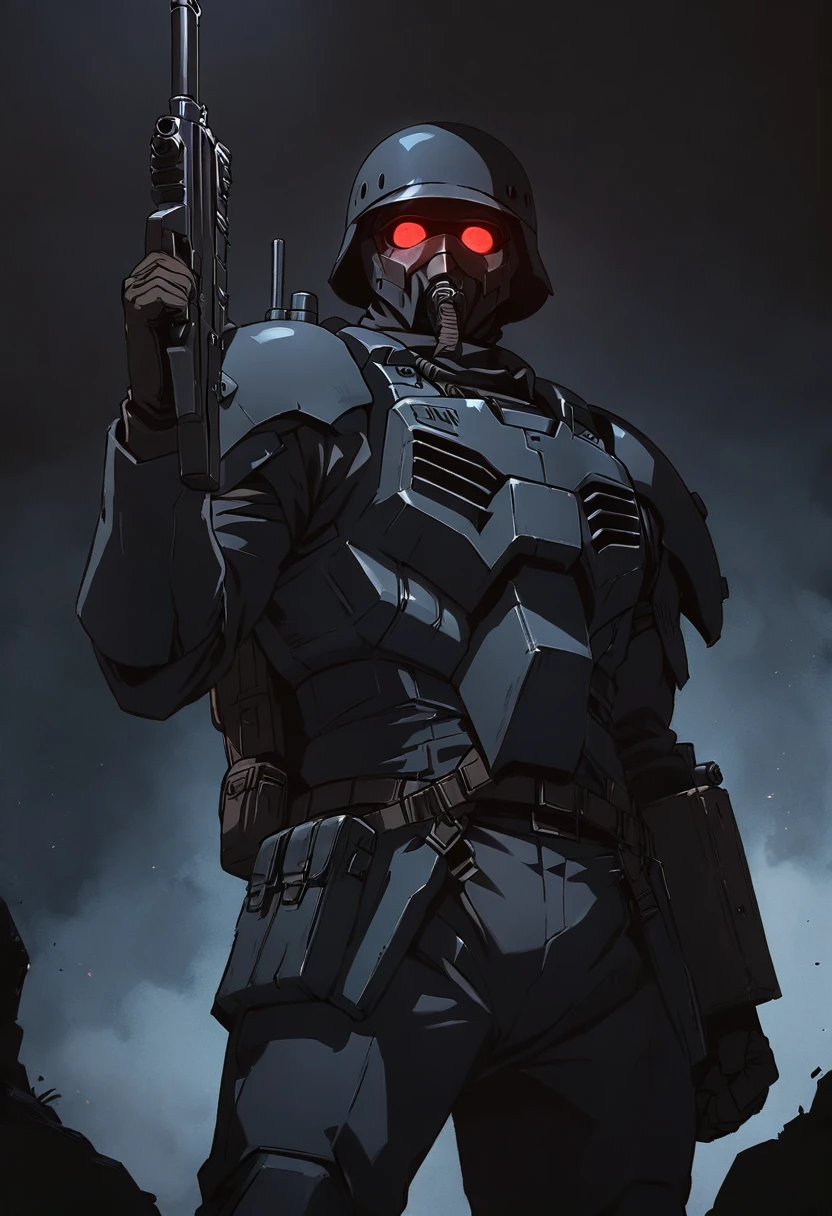 jin-roh!,1 boy,glowing,cowboy shot,strong,round eyes,backpack,no pupils,radio antenna,red eyes,dark,low-key,night,shadow,
sewer,walking,holding gun,heavy machine gun,from below,aiming at viewer,close-up,, cinematic light,masterpiece,best quality,very aesthetic,absurdres,incredibly absurdres,explit,NSFW,