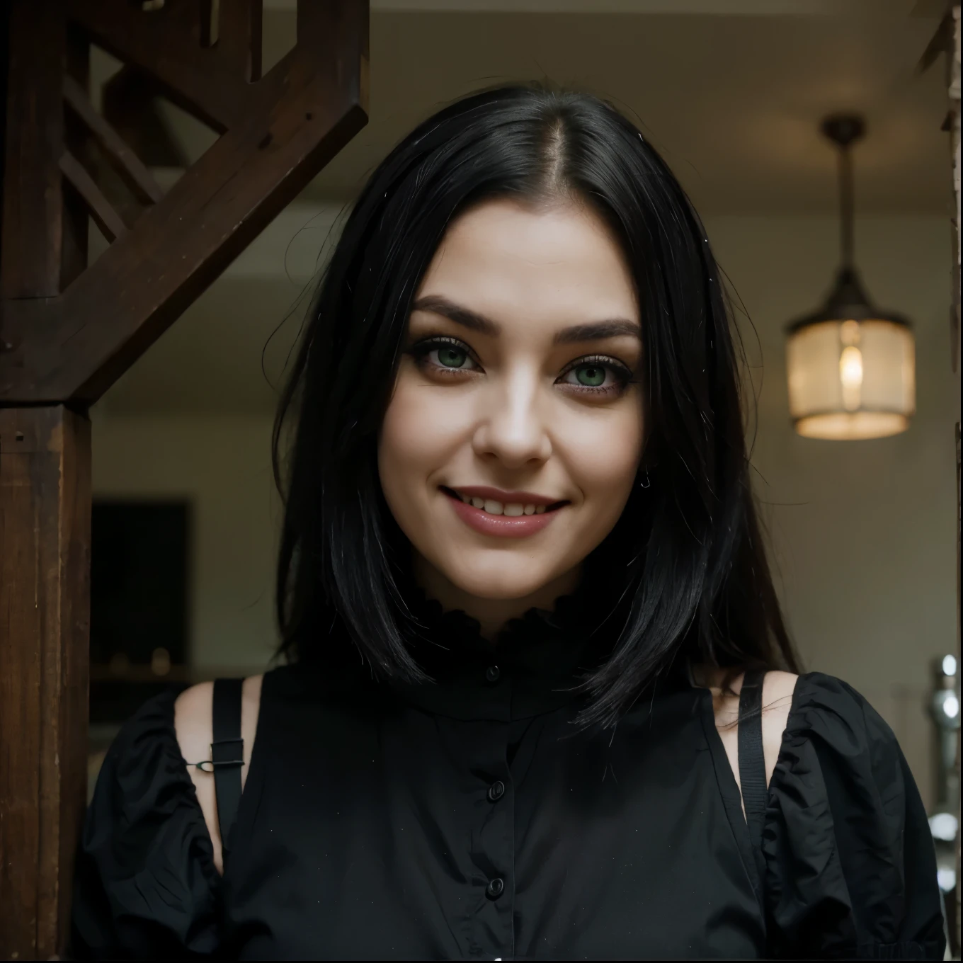 Crossed eyes gothic woman funny smile, black hair with green eyes
