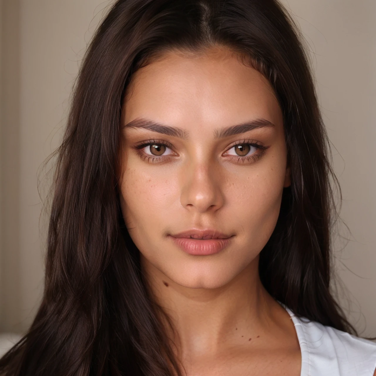 (Jewellry), very warm colors, tan skin, beautiful brunette, (high detailed face), (high detailed skin texture), (high detailed hair), (high detailed eyes), brown eyes, (long straigh dark hair), 1 girl, 20 years old, brown skin, face thin nose, photography, ultra-realistic, 8k, ((very sexy outfit)) , perfect teeth, fit girl, bottom-up view, shiny hair, ((perfect hands)), (in room), (sexy red outfit), ((from infront))