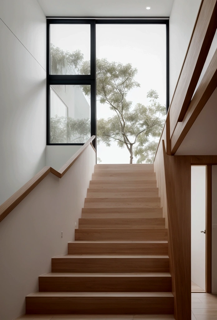 A realistic, minimalistic scene of a staircase with wooden steps ascending. The staircase is modern and sleek, set against a plain, light-colored wall. The environment is serene, with clean lines and a clutter-free space, emphasizing simplicity and elegance, (Foto RAW, real, best qualityer, Masterpiece artwork: 1.2), (Hiper realisitic, realisitic: 1.2), high qualiy, perfect lighting, Lightroom, 35mm films, cinemactic, dimmed colors, dark shot, Muted colours, grainy film, lute, insane details, Intricate details, luz do entardecer, well-lit afternoon.