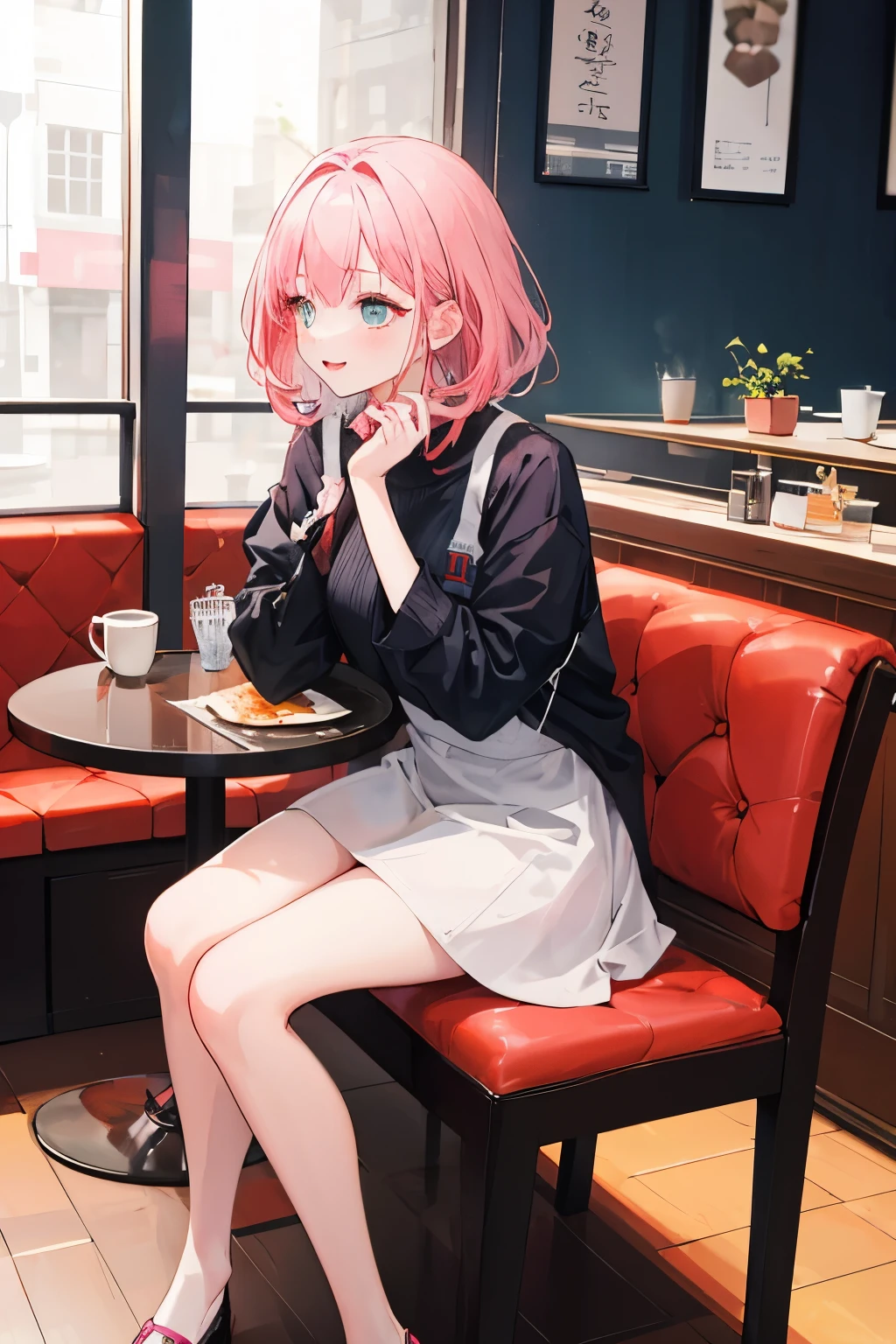 A animation of a young woman with pink hair, feeling in love, happy, dressing korea fashion and sitting in a cafe restaurant while her another hand in chin. She is looking away. 