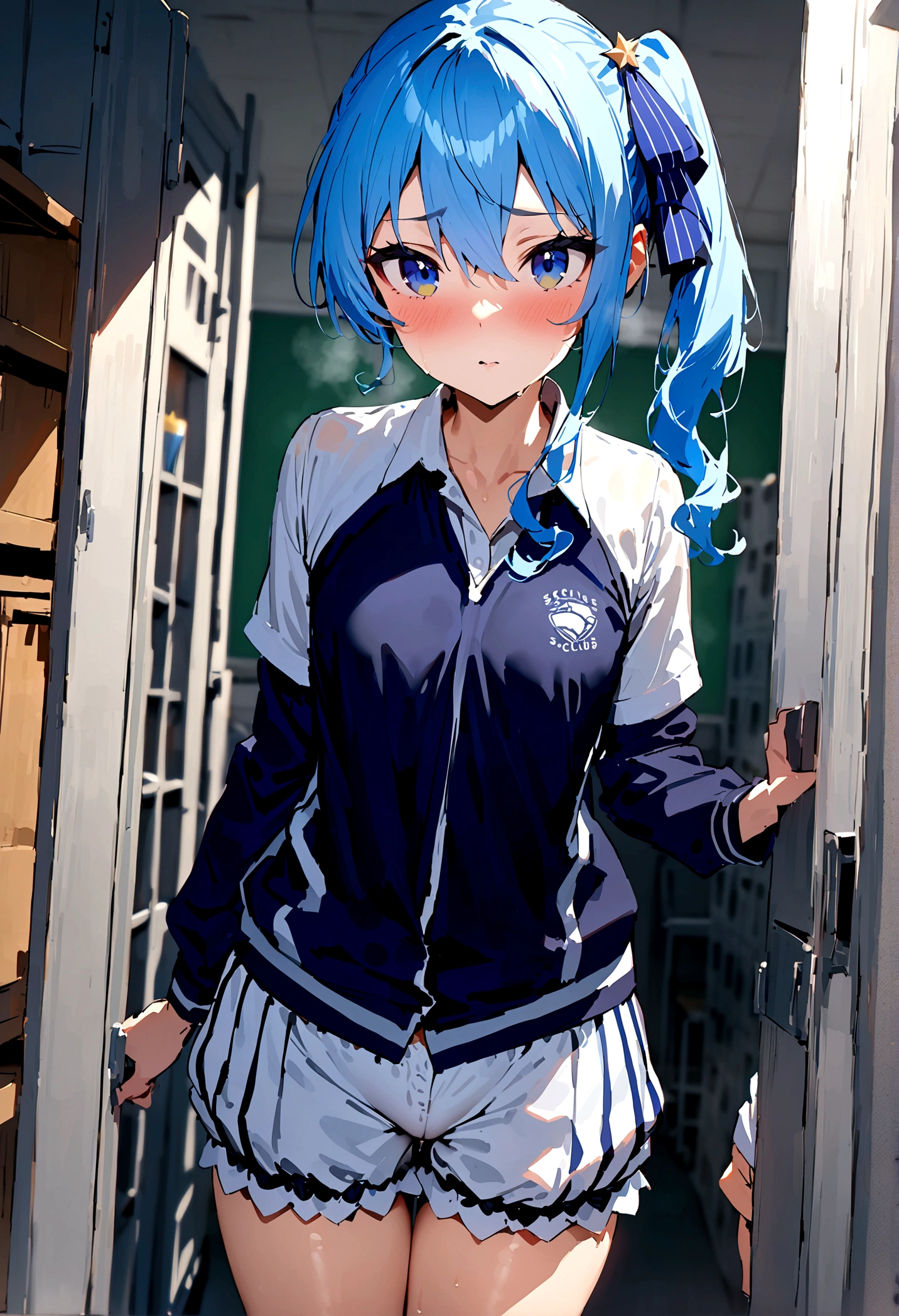 NSFW,masterpiece,Highest quality,High resolution,Super detailed,Star Town Suisei\(Hololive\),Blue Hair,One Side Ponytail,Blue Eyes,Small breasts,Track and field club,uniform,School,locker room,Seduce,Expecting face,During class,Change of clothes
