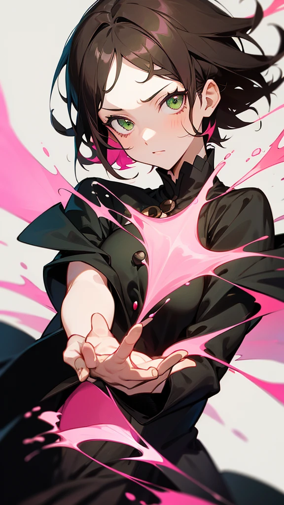 An Anime girl in black clover style with a black coat with short brown hair and pink highlights with green eyes