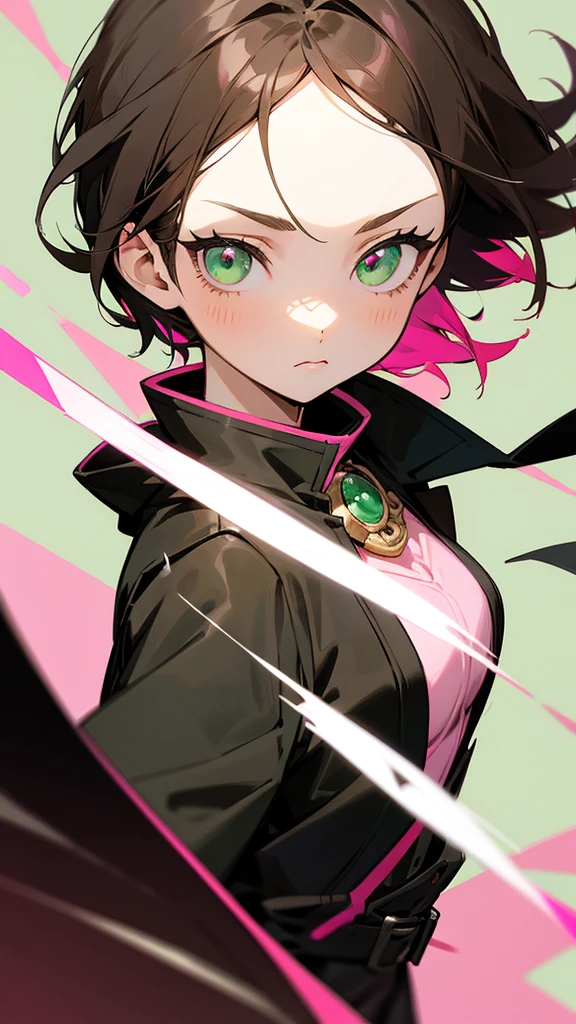 An Anime girl in black clover style with a black coat with short brown hair and pink highlights with green eyes