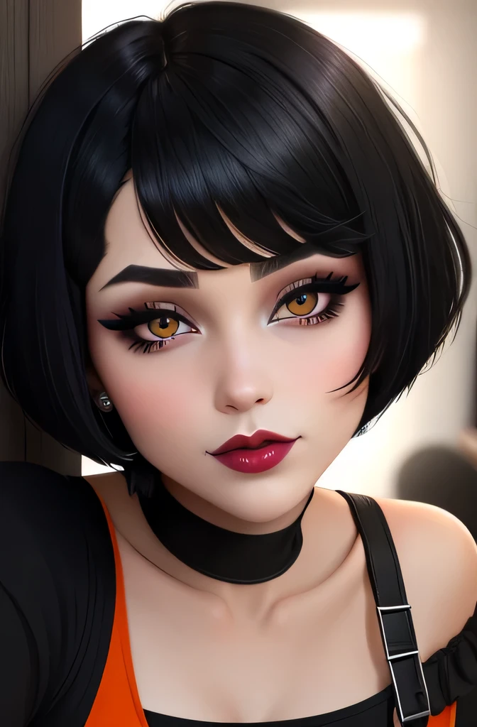 Amazing portrait of a cute goth woman with her short black hair in a bob hairstyle and she's wearing heavy eyeliner around her eyes and she's gazing at you seductively she wears an off shoulder t shirt that is orange and black with black bra straps