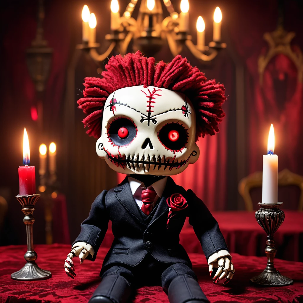 (knitted toy voodoo doll:1.5), (Voodoo Blood Baron:1.3), (Clothing: tattered aristocratic suit with blood patterns:1.0), (Accessories: enchanted cursed goblet, glowing sinister crimson rose:1.1), (background: eerie grand ballroom with flickering chandeliers, eerie music, and ghostly figures:1.2), best quality, masterpiece, detailed soft oil painting, detailed background, dramatic cinematic lighting, soft edge lighting, professional, dramatic lighting, hard edge lighting, ultra quality, 4k, masterpiece, best quality, 8k, ultra high definition, high resolution, extremely detailed