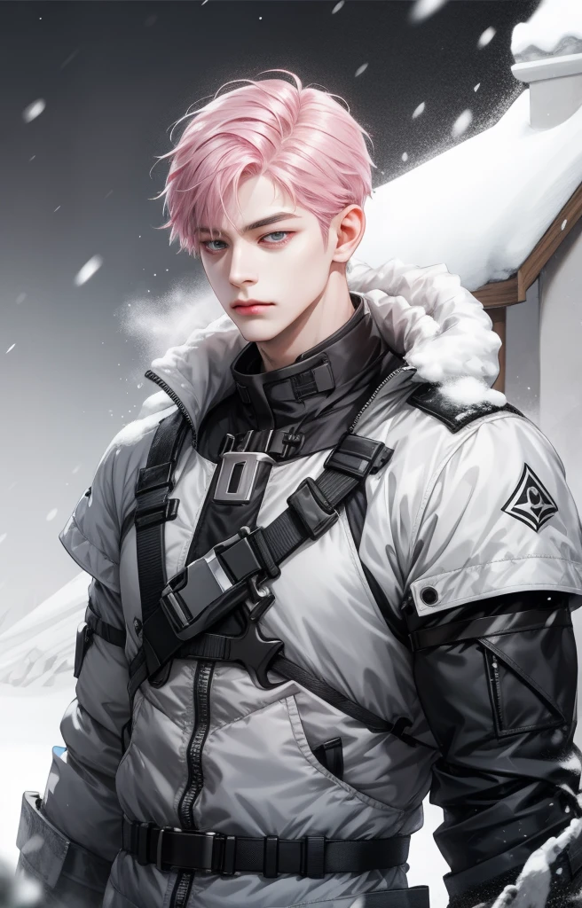 1man, short hair, pink hair, grey eyes, sharp eyes, skin white as snow, small face, defined face, masculine,
