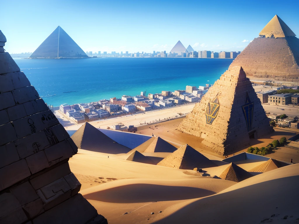 egypt city, pyramid in the distance, day,blue sky