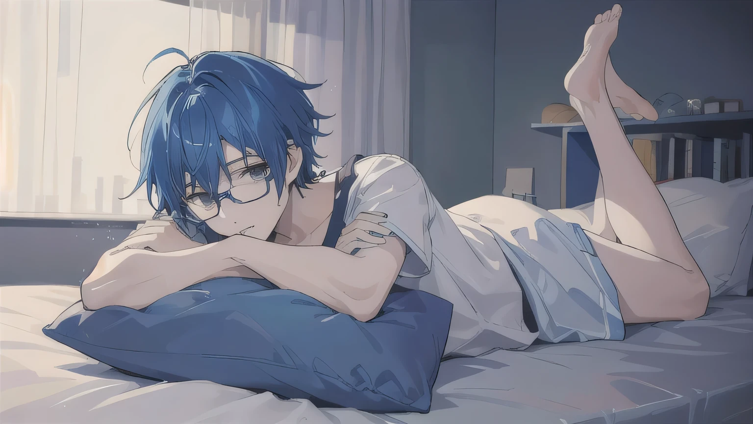 17 year old boy with blue hair, Cast and prepare, Wear it to the utmost., Wear glasses with white temples., lounging on the bed, There is one pillow on the bed., head lying down on pillow