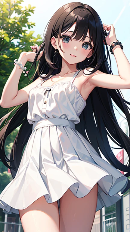 Super exquisite black-haired cute girl、A junior high school student、、8k ultra high definition, Delicate texture, Medium Length Hair、White clothing、A bracelet、Summer Park、daytime、Friendly Smile 、beach