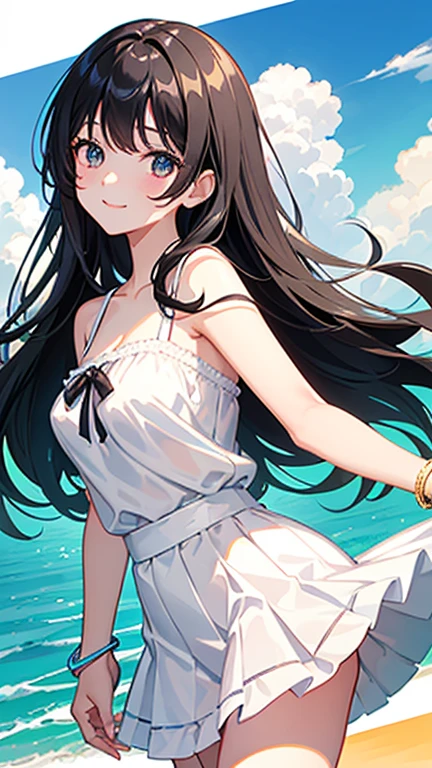 Super exquisite black-haired cute girl、A junior high school student、、8k ultra high definition, Delicate texture, Medium Length Hair、White clothing、A bracelet、Summer Park、daytime、Friendly Smile 、beach