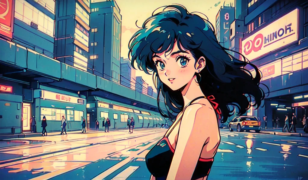 (80's, retro, city pop:1.5), (album cover), (masterpiece, best quality), (anime, illustration), (pastel colors:1.4),
best photo pose, dynamic angle,
blue hair,and has a cool impression,
girl, solo, smile, perfect detail eyes, delicate face,
City Scenes, night city, tokyo, high fashion, tying hair, sea, swimwear,