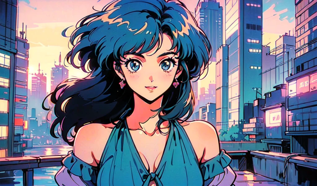 (80's, retro, city pop:1.5), (album cover), (masterpiece, best quality), (anime, illustration), (pastel colors:1.4),
best photo pose, dynamic angle,
blue hair,and has a cool impression,
girl, solo, smile, perfect detail eyes, delicate face,
City Scenes, night city, tokyo, high fashion, tying hair, sea, swimwear,
